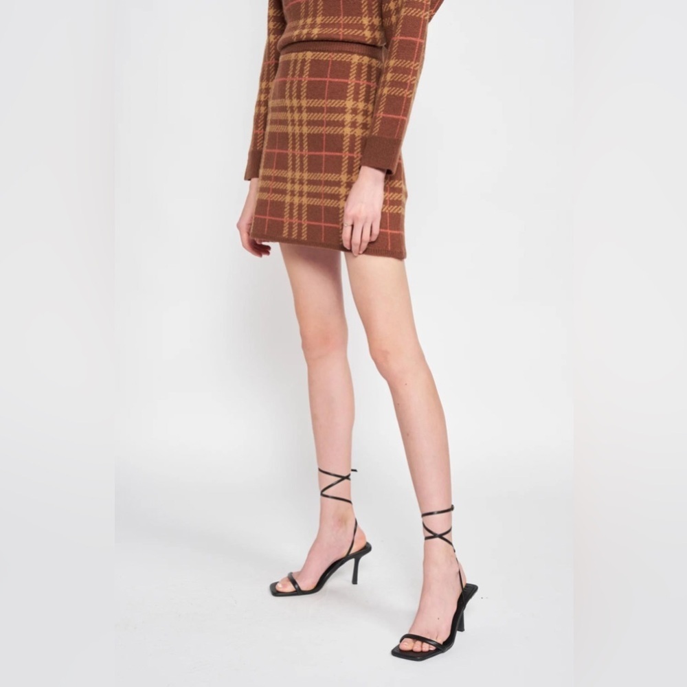 EN SAISON Bronte Sweater Miniskirt Cream & Tan Plaid Knit | Size Medium M - Picture 6 of 16